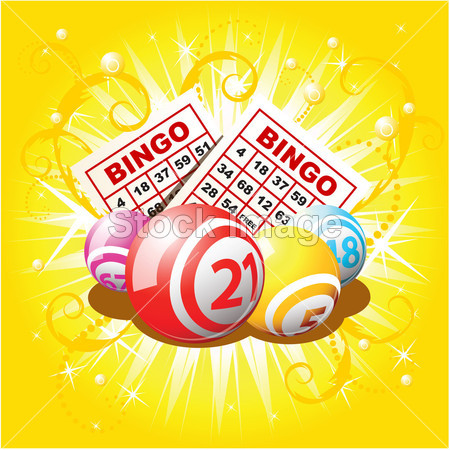宾果游戏或彩票的球和卡上金黄背景图片素材(