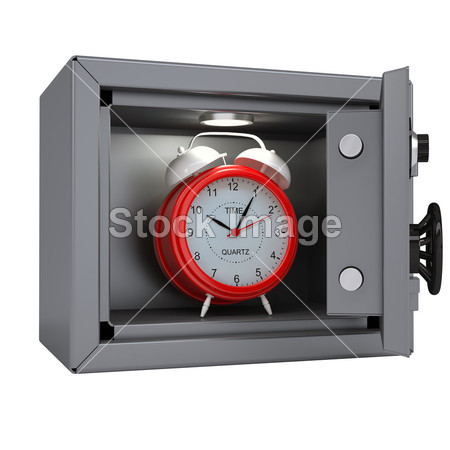 Alarm clock in an open metal safe图片素材(图片
