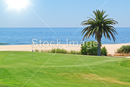 高尔夫球场的海和棕榈树的美丽景色。por图片
