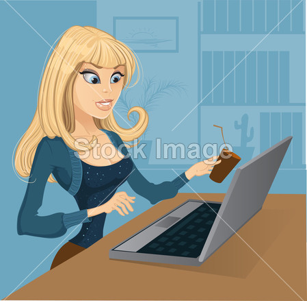 金发女郎带咖啡和计算机图片素材(图片编号:5