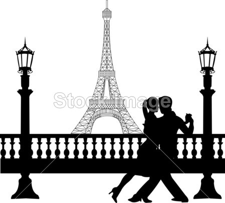 在埃菲尔铁塔在巴黎剪影面前跳舞的浪漫情侣图