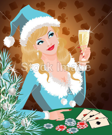 赌场圣诞卡片。圣诞老人女孩扮演扑克。图片素