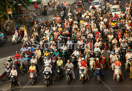 Crowed scene of urban traffic in Vietnam rush h