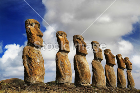 ew of seven Ahu Akivi Moai, which are the only 