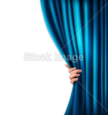 用蓝色天鹅绒窗帘和手的背景。插画图片素材(