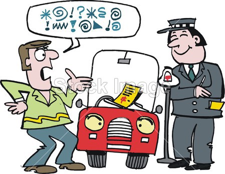 矢量卡通的驾车人士在票证争吵与交通督导员图