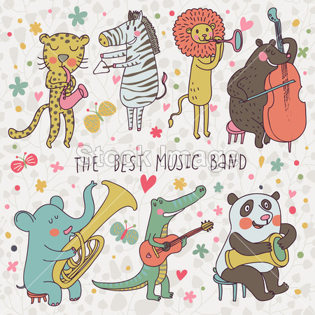 动物-音乐家。豹、 斑马、 熊猫、 熊、 狮子、