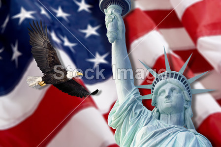 美国国旗,飞白头鹰,自由和宪法蒙太奇的雕像图