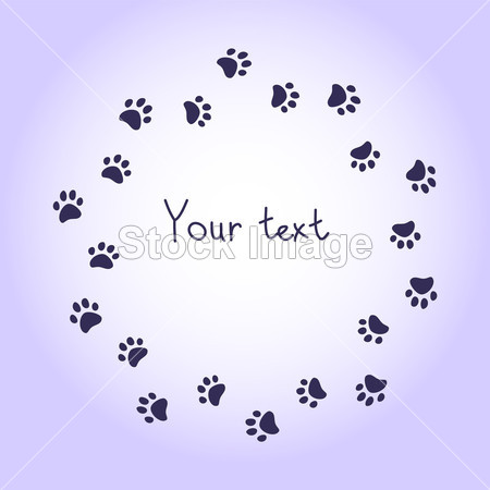 猫或狗爪子印紫圆您的文本背景框架,图片素材