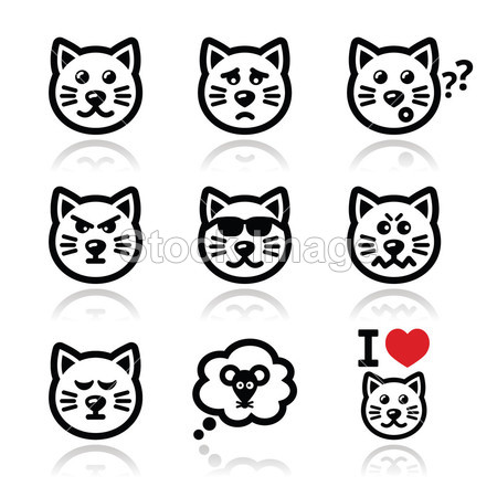 Cat icons set - happy, sad, angry isolated on w