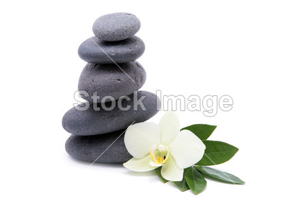 禅宗的石头与孤立的兰花花。水疗中心背景图片