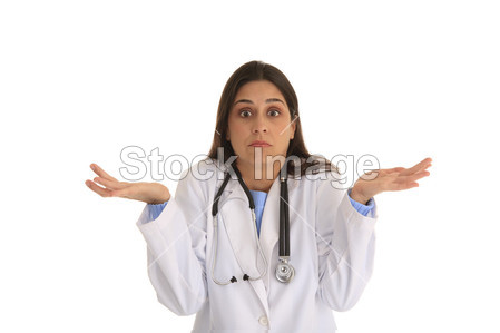 Hispanic woman doctor shrugging shoulders图