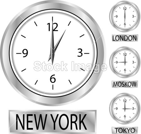 时钟显示的时间在纽约、 莫斯科、 伦敦和东京