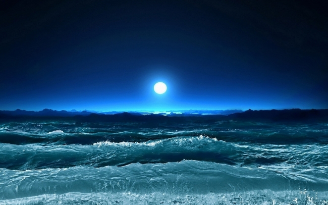 蓝色大海海洋月亮夜景