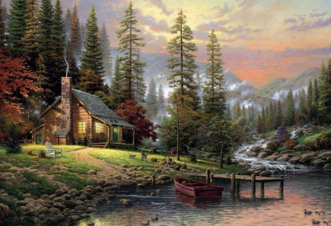 山谷溪流风景油画