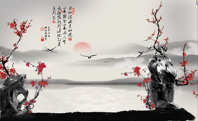 客厅梅花国画电视背景墙图片