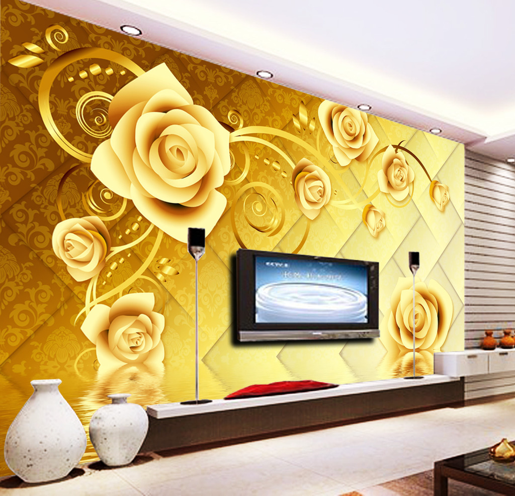 原创3d金色玫瑰电视背景墙