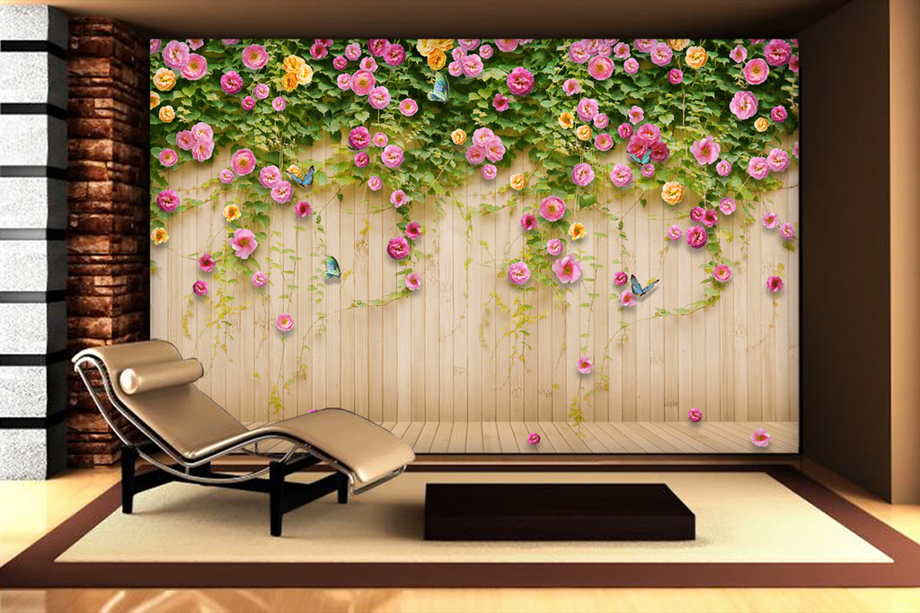 原创粉红蔷薇玫瑰花朵木板电视背景墙