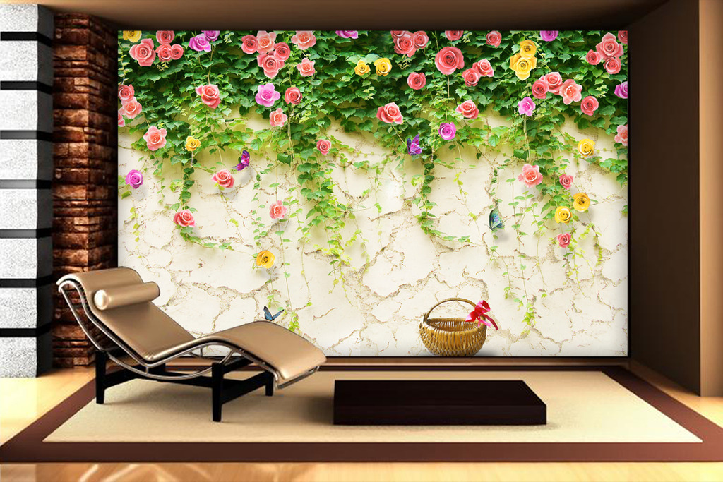原创粉红蔷薇玫瑰花朵石墙土墙电视背景墙