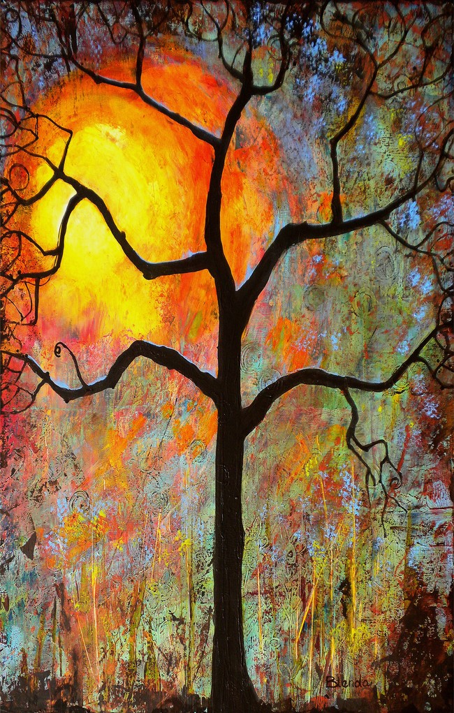 下载《落日下的一颗大树油画》源文件