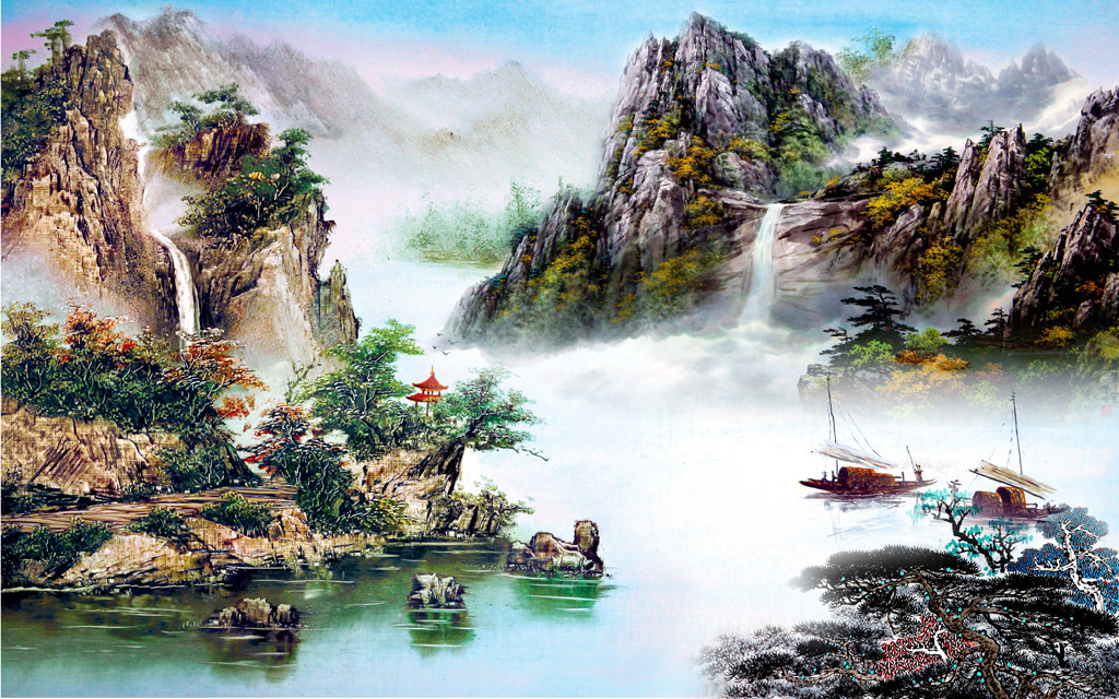 国画山水风景画江山多娇电视背景墙