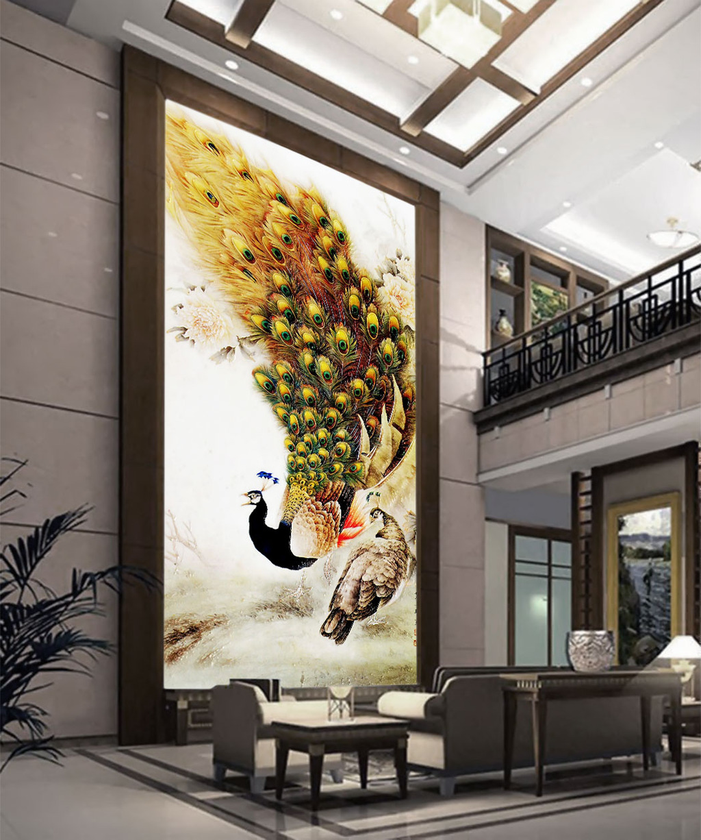 孔雀牡丹彩雕玄关下载-编号12036182-彩雕玄关-我图网