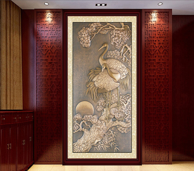 高清松鹤延年铜浮雕玄关过道背景