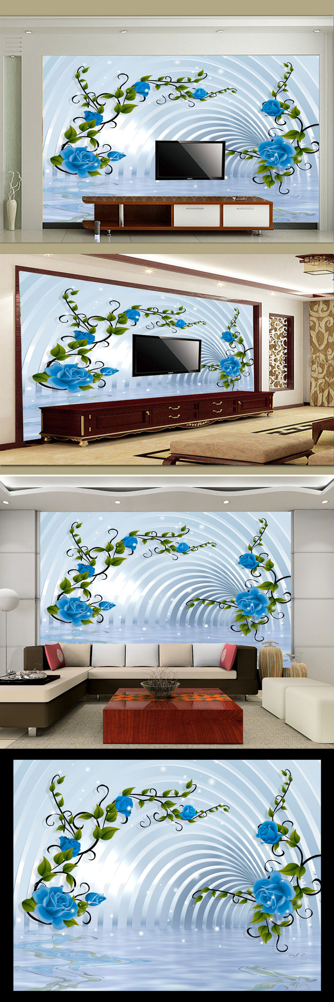 温馨时尚蓝玫瑰3d立体背景墙图片