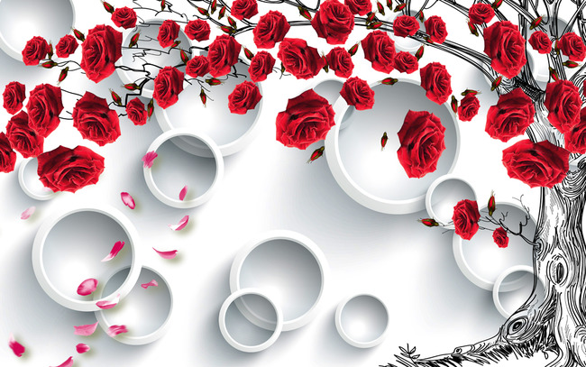 3d清新淡雅玫瑰花简约树纹电视墙壁画