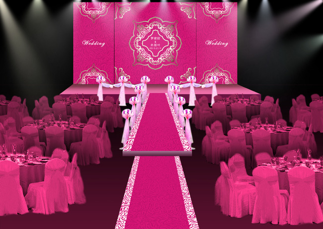 玫红复古花纹婚礼舞台背景喷绘图