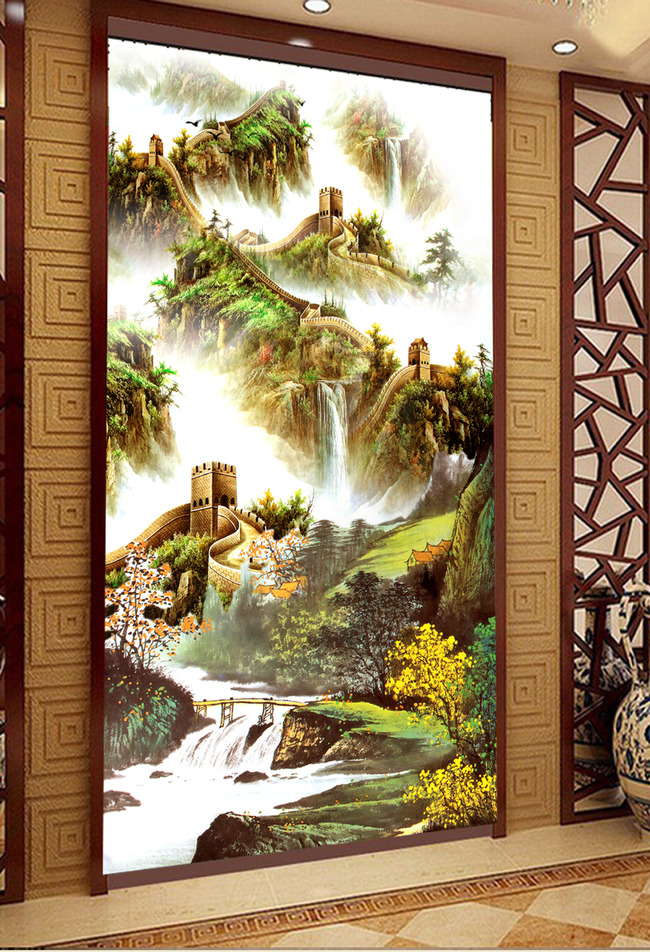 国画山水画万里长城江山多娇玄关壁画