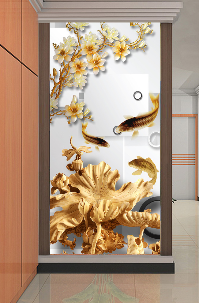 木雕浮雕荷花图彩雕玉兰花鲤鱼玄关背景墙