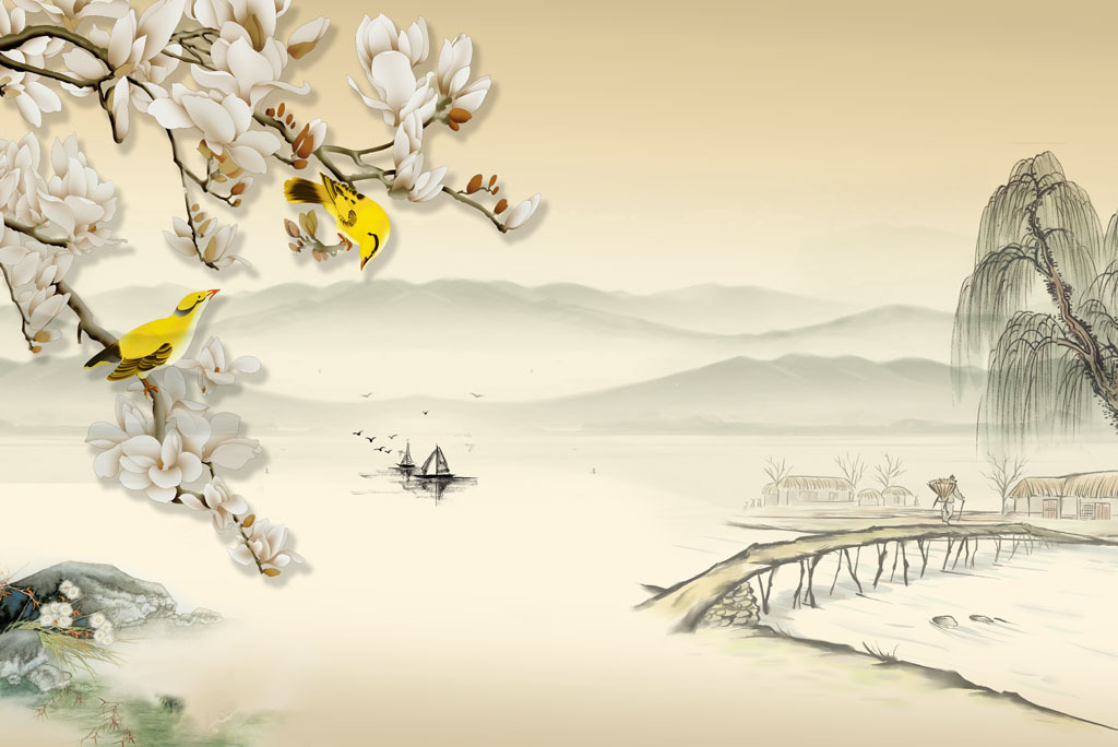 柳叶玉兰小桥远山水墨山水国画中式背景墙高清图片下载_我图网